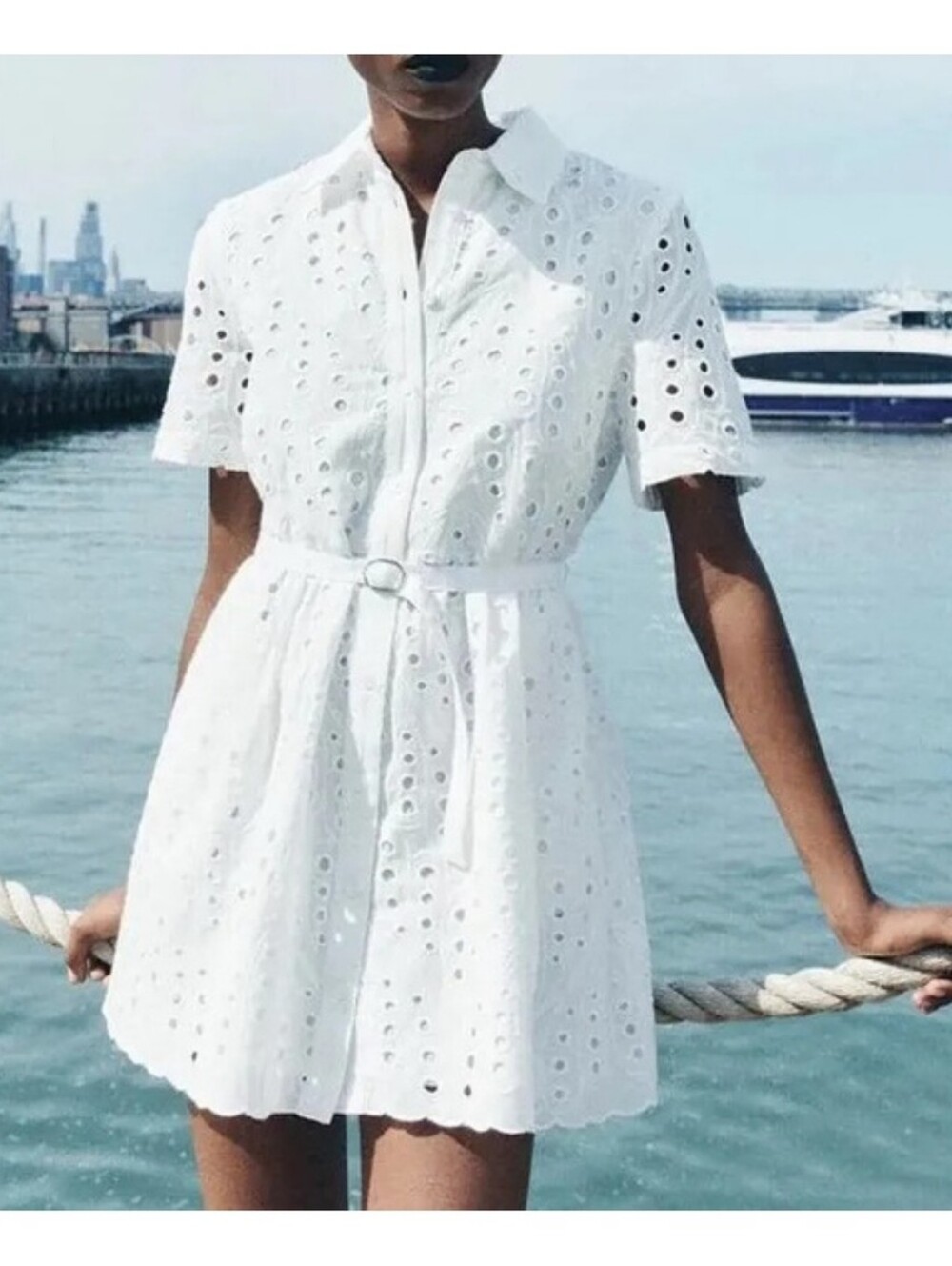 Zara White Eyelet Mini Shirt Dress with Belt